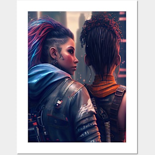 Futuristic Cyberpunk Lesbian Lovers Embrace in Emotional Portrait Posters and Art